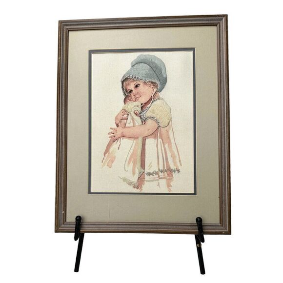 Vintage Jan Hagara Completed Needlepoint Cross Stitch Girl Doll Handmade Framed - Picture 1 of 10